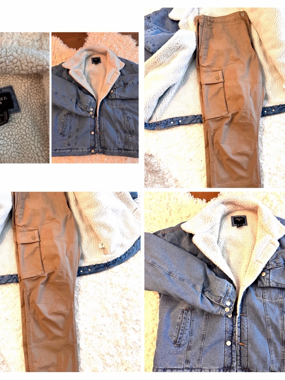 Forever 21 Blue Denim Bomber Jacket with Cream Cargo Lining pants